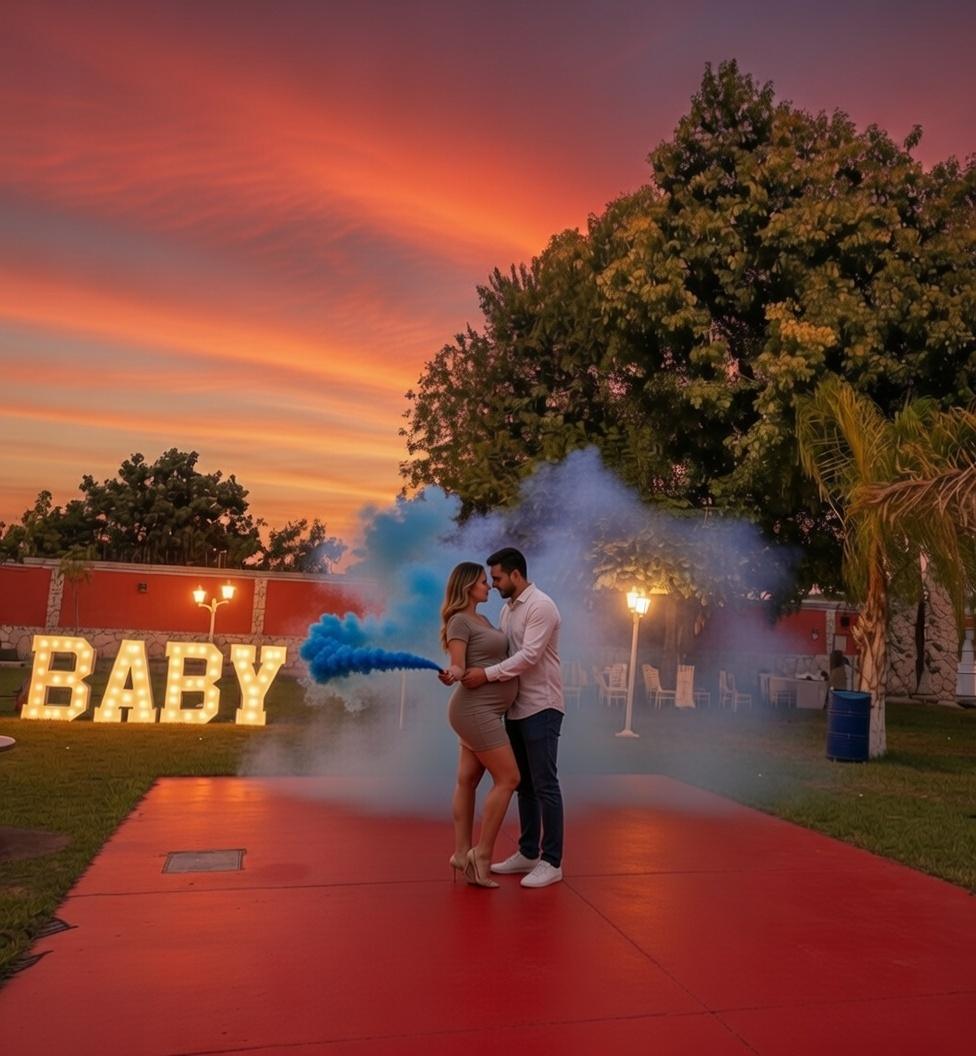 Revelación de género con humo azul al atardecer